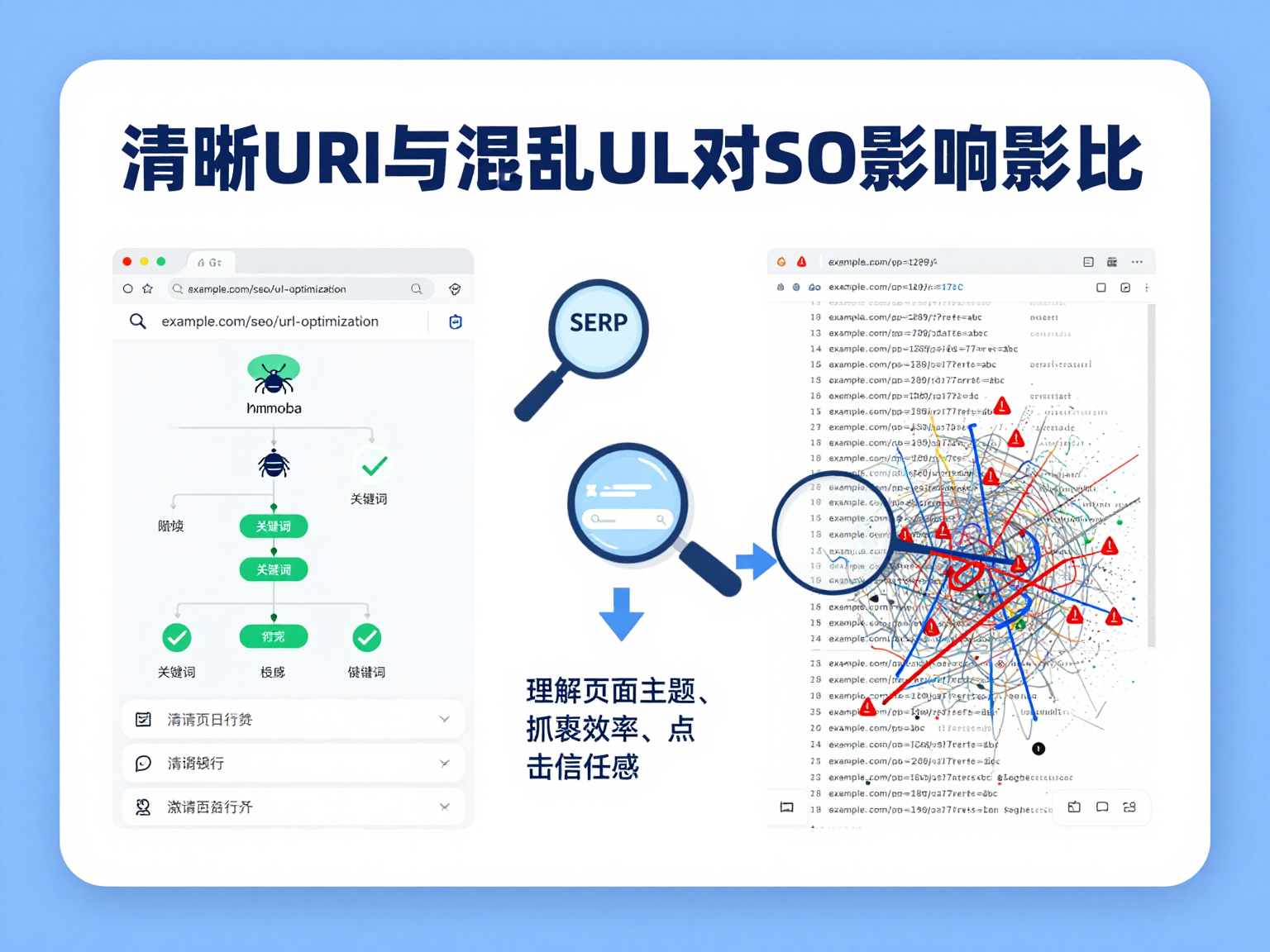 清晰URL与参数URL的SEO影响对比图 清晰URL与参数URL的SEO影响对比图