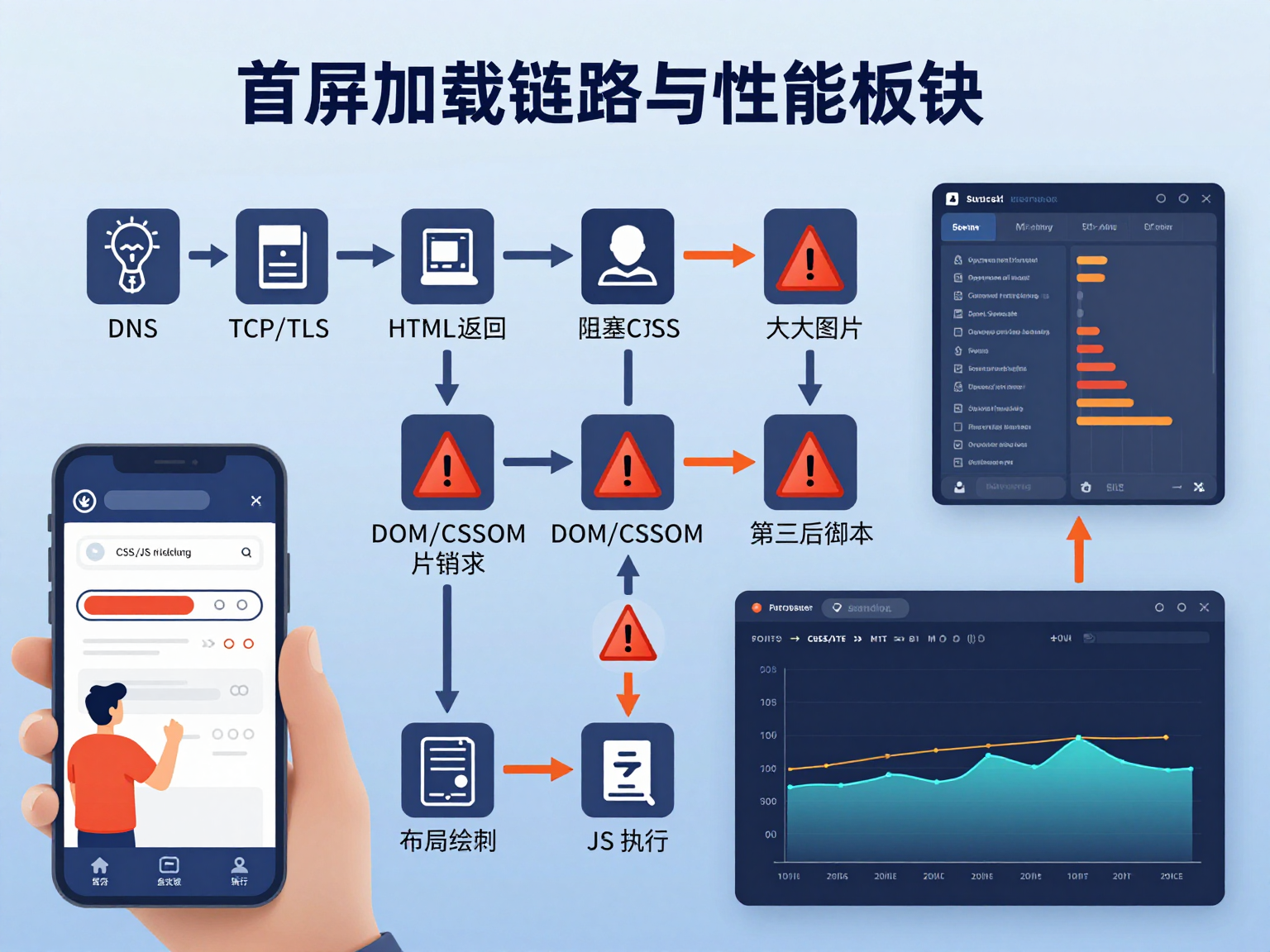 首屏加载链路与瓶颈示意图