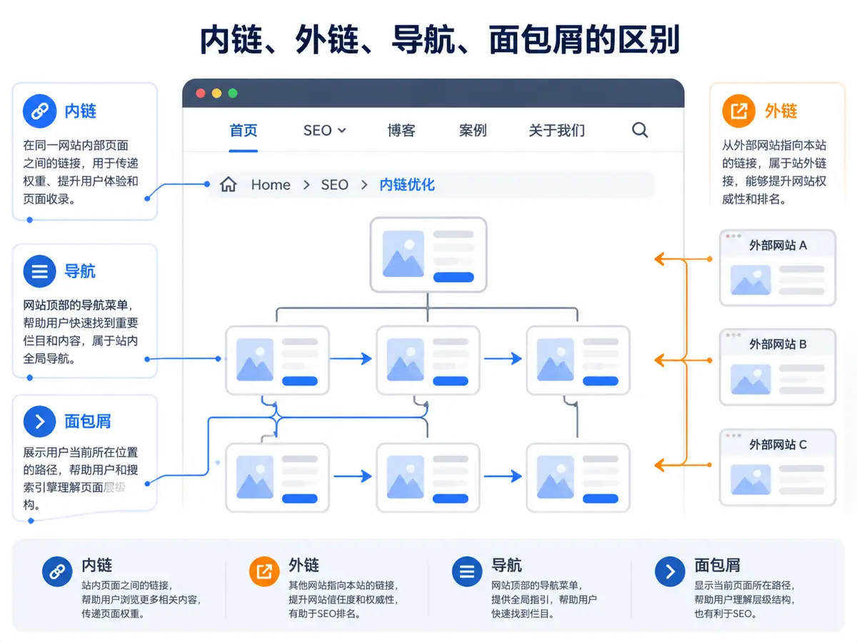 内链外链导航面包屑区别示意图 内链外链导航面包屑区别示意图